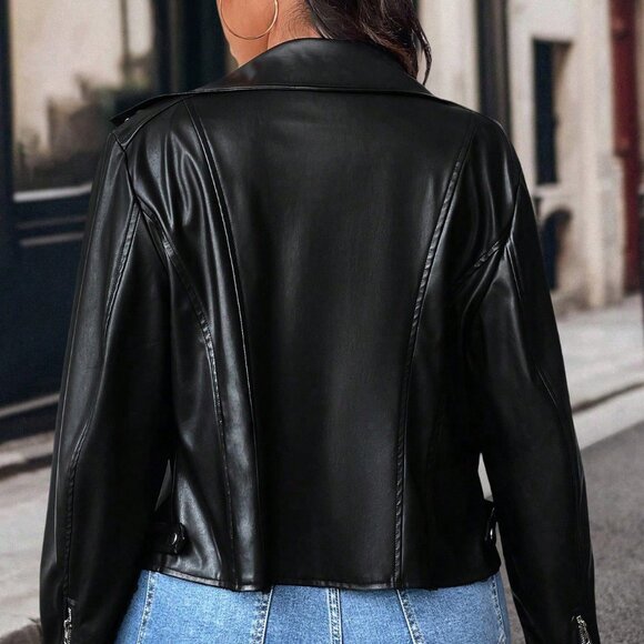 Black Casual Women's Zip Up Faux Leather Moto Jacket BIker - Picture 11 of 11